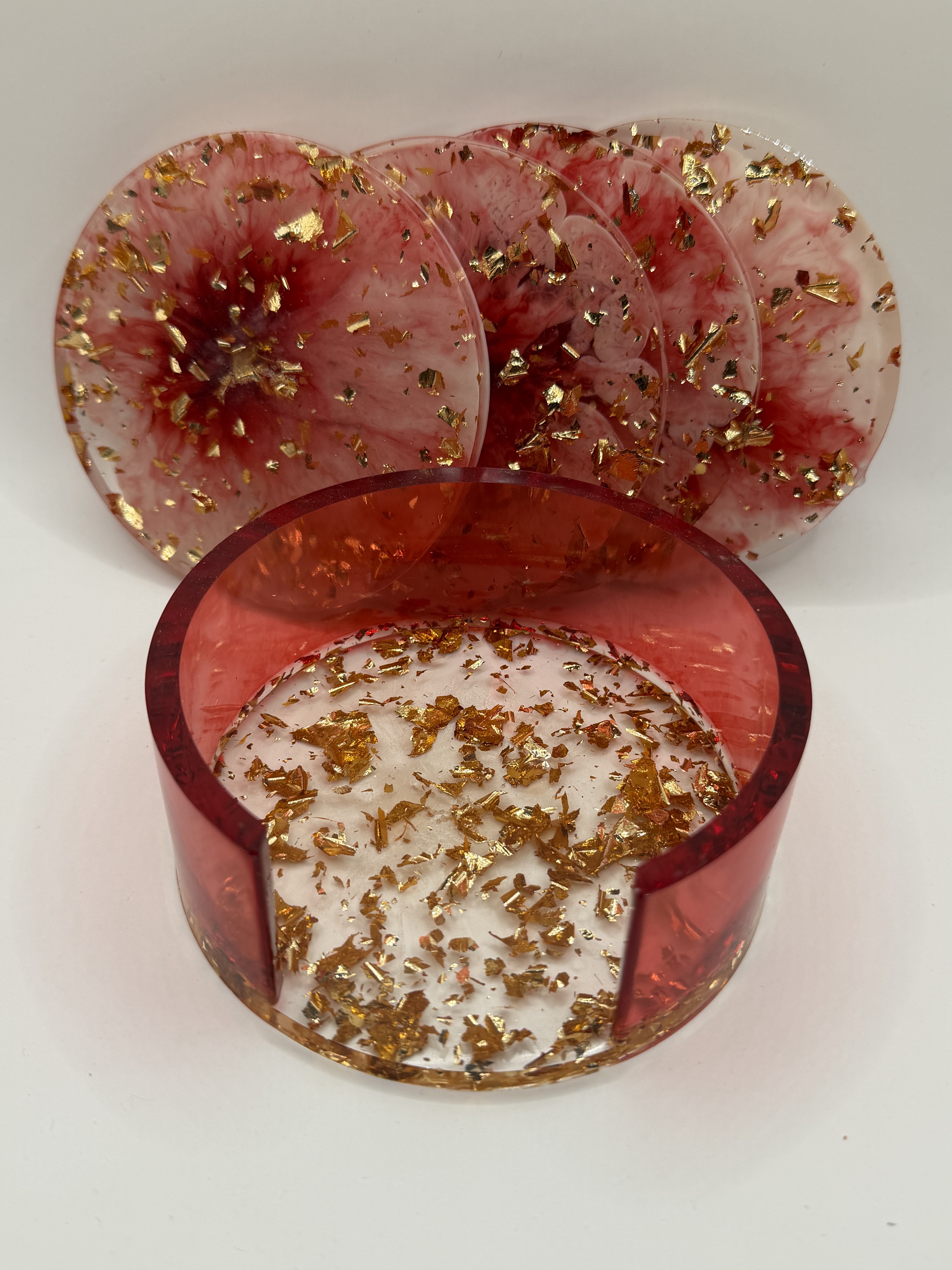 Dessous de verre - rouge feuille d'or fond blanc