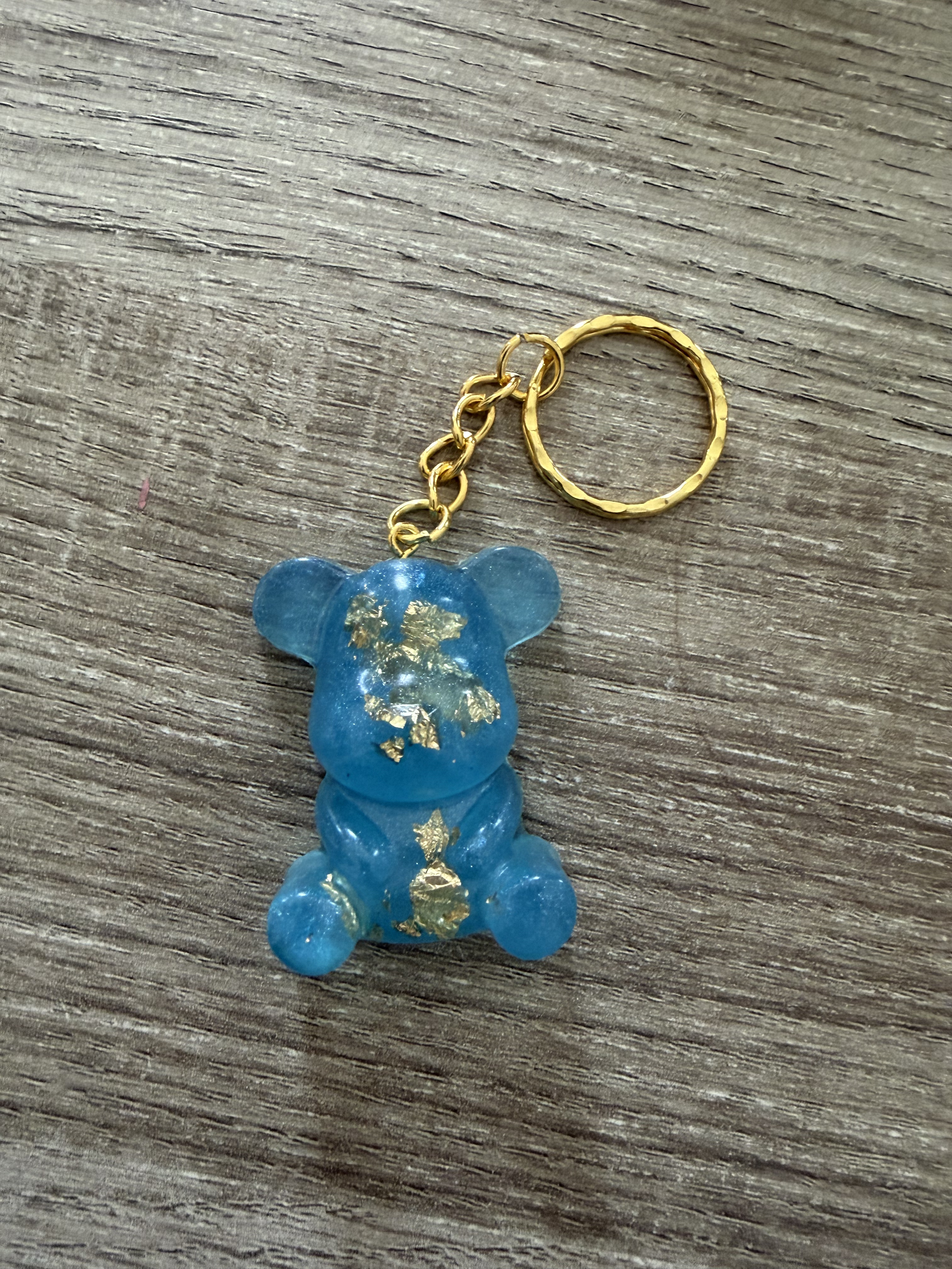 Porte clé ourson 45mm bleu feuille d'or